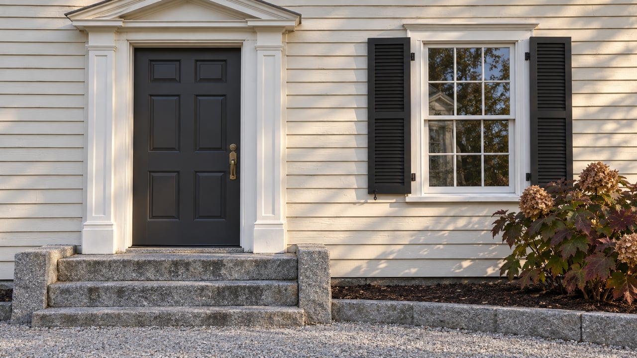 Restored ivory clapboard entry with a charcoal paneled door, white timber pediment, paired black window shutters and weathered granite steps.