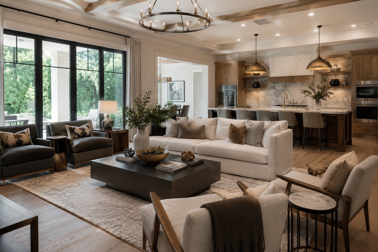 Bright, open-concept luxury home interior featuring a spacious living room, gourmet kitchen with premium finishes, large windows, and seamless indoor-outdoor connection, showcasing the timeless design and functional spaces today's Nashville luxury home buyers prioritize.