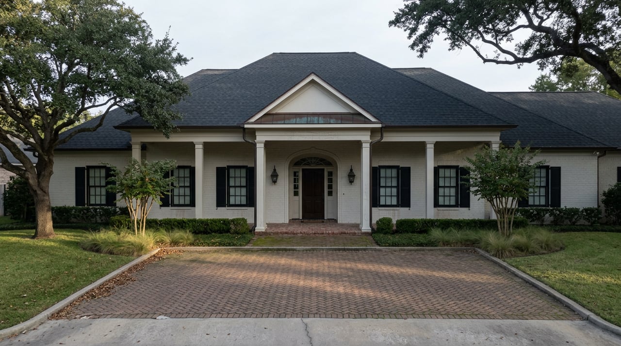 Light-brick estate with a columned arched entry, framed by a live oak and paired fringe trees.