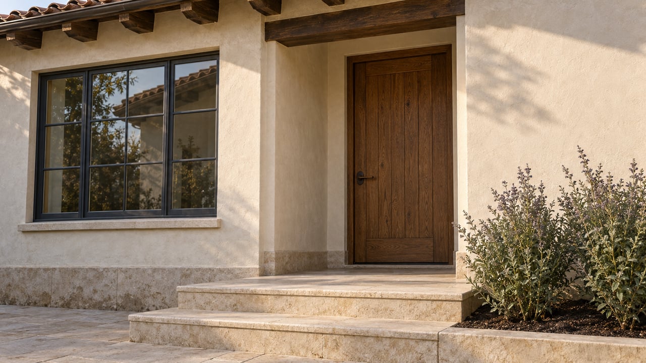 Warm afternoon light on an ivory stucco home's oak entry door, clay-tile eave, and worn limestone steps beside Cleveland sage.