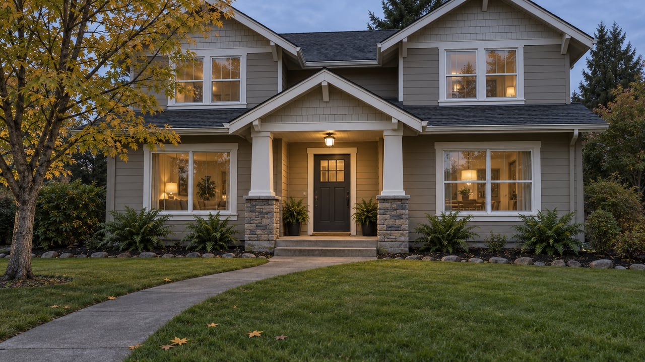 A taupe two-story home with shingled gables, a lit covered porch, broad lawn and a yellowing vine maple at dusk.