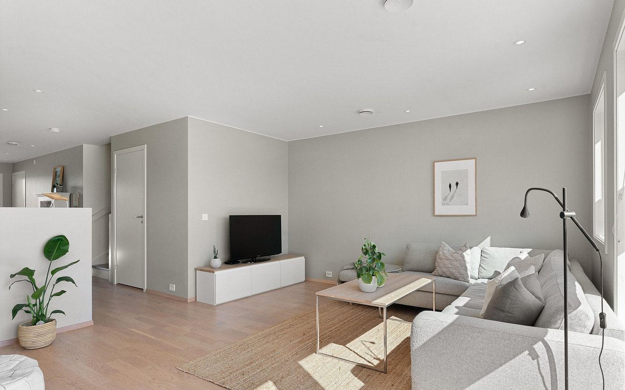 Modern living room with a light sectional, pale wood floors, woven rug, and large daylight-filled windows.