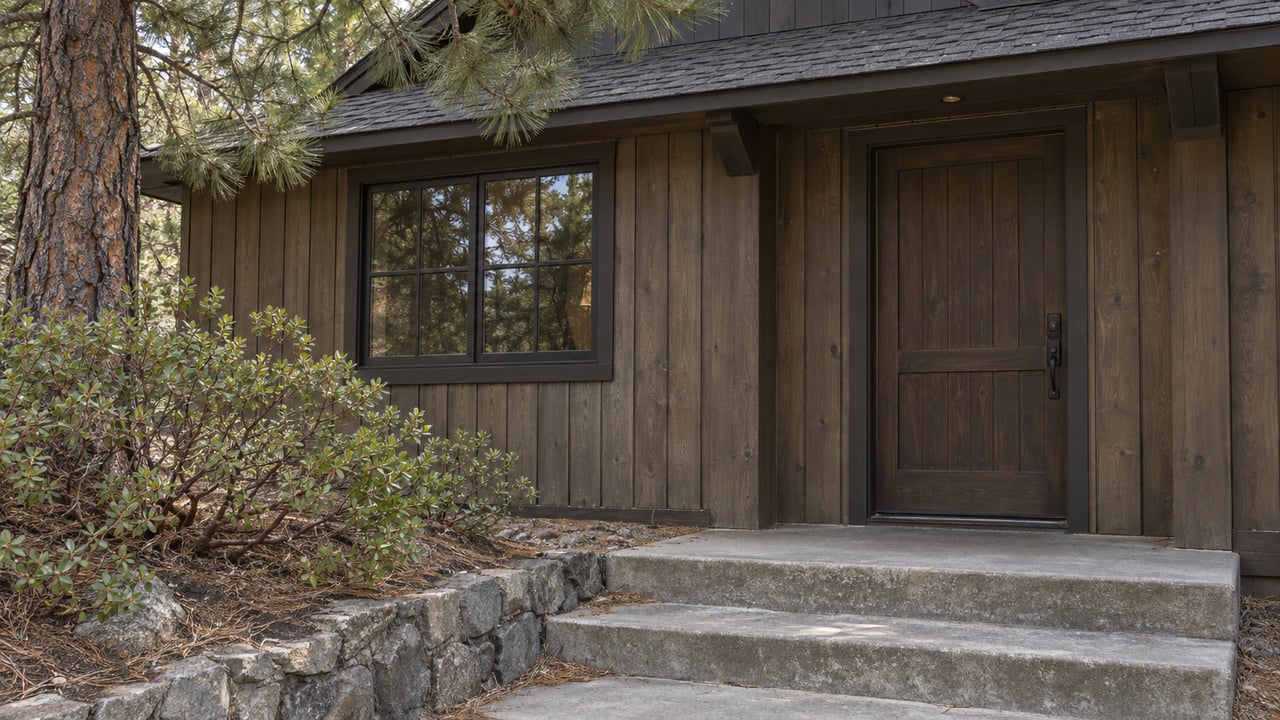 Weathered brown-plank house entry with a dark wood door, concrete steps, stone curb, and pine branches overhead.