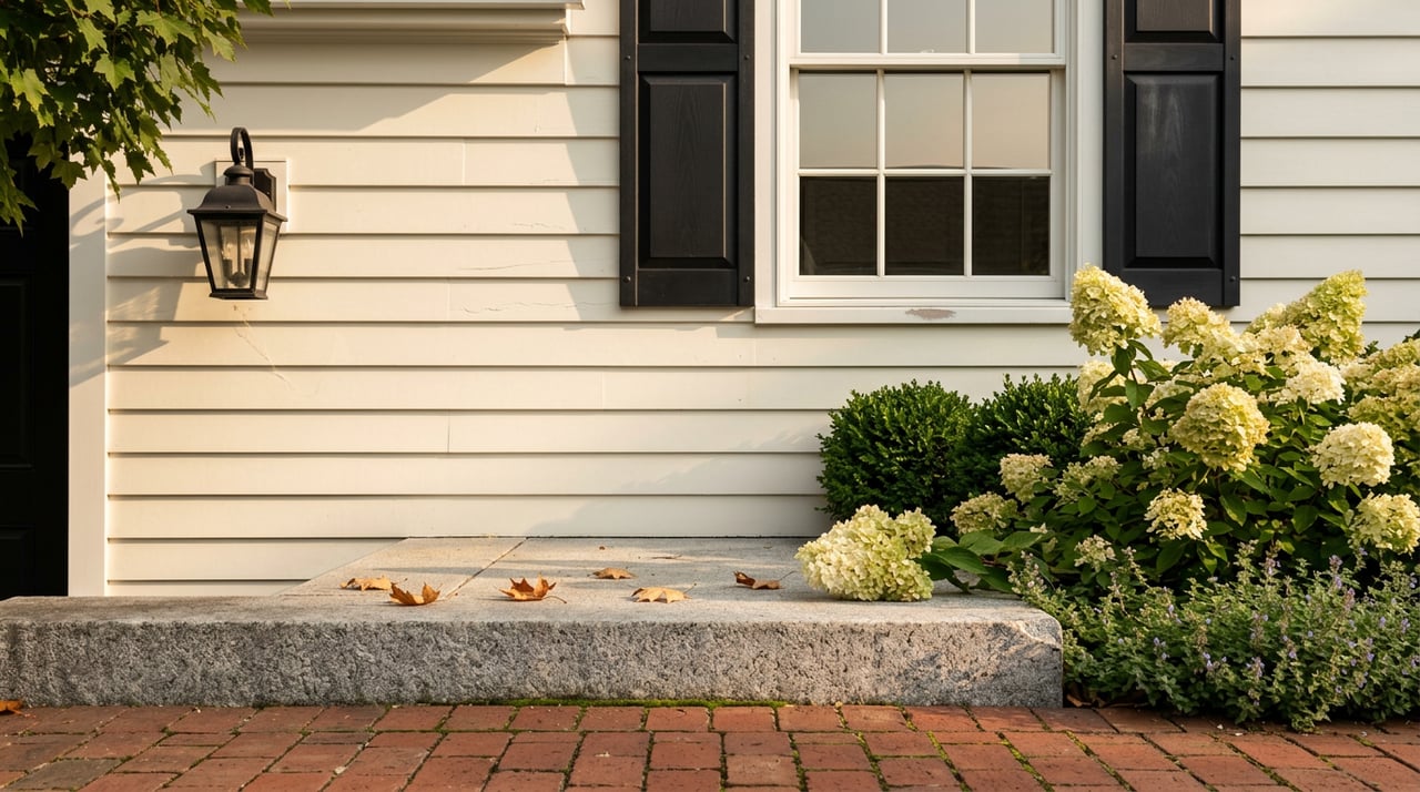 Colonial side entry with a granite step, pale green hydrangeas, black lantern, and sunlit clapboard siding.