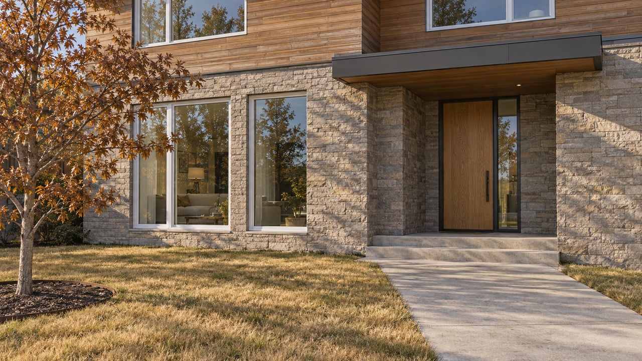 Contemporary timber-and-stone home with tall white-framed windows, a sheltered oak front door and an autumn oak beside a golden lawn.