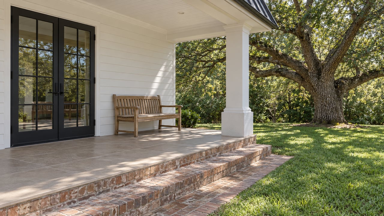 White home with closed black-framed French doors, a teak bench, brick porch steps and a spreading oak beside the lawn.