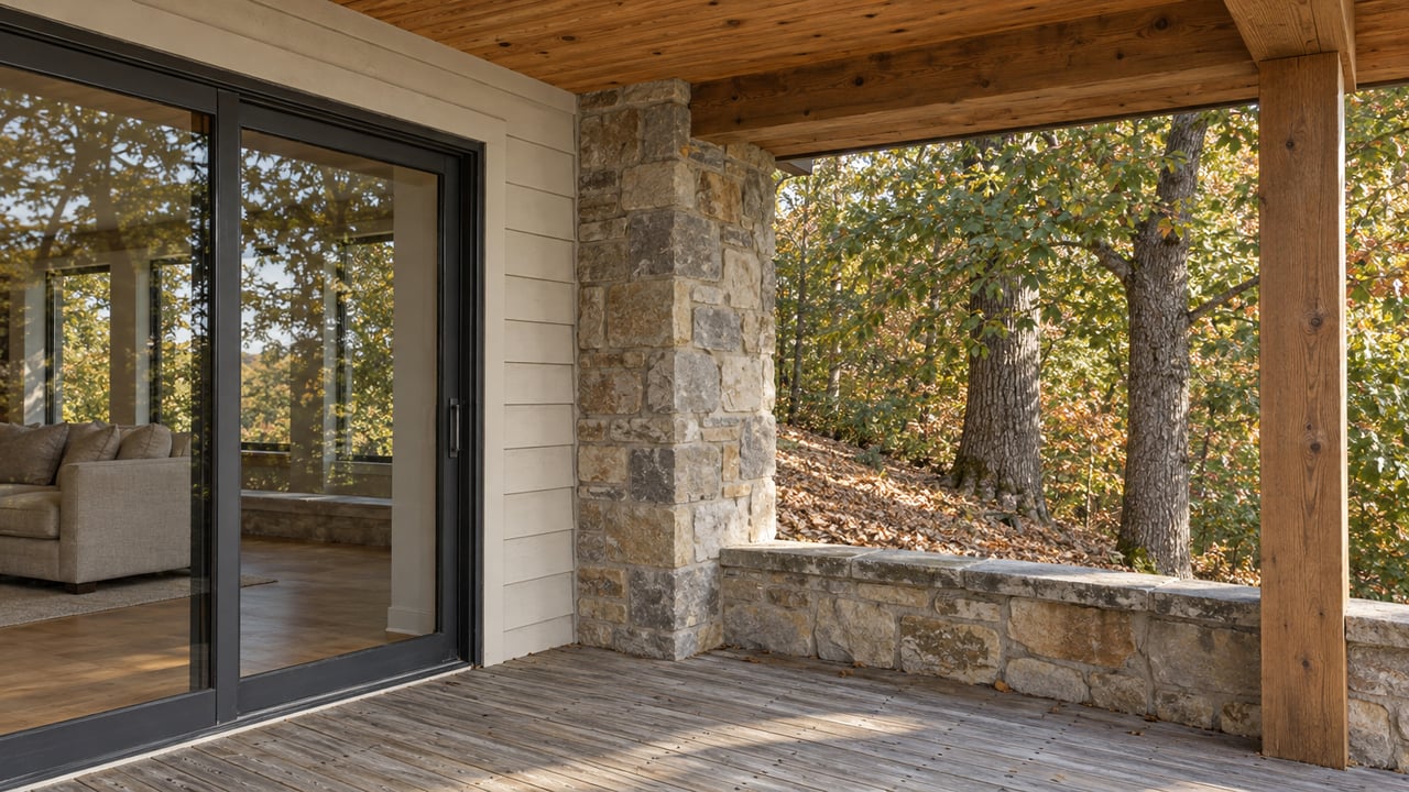 Covered timber deck beside a sandstone pier and closed glass living-room door, with mature white oaks beyond the stone parapet.