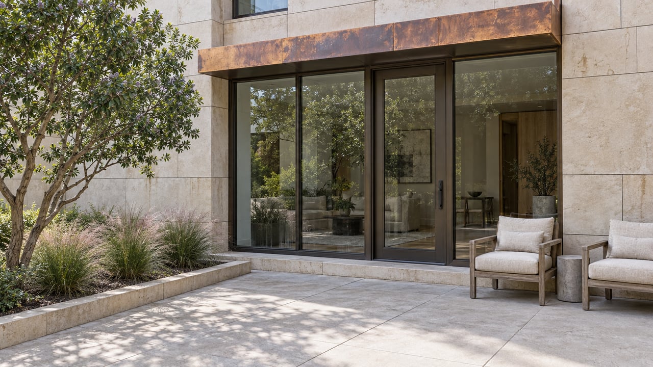 Tan limestone and bronze-framed residential glazing beside a copper canopy, teak chairs and a planted courtyard.