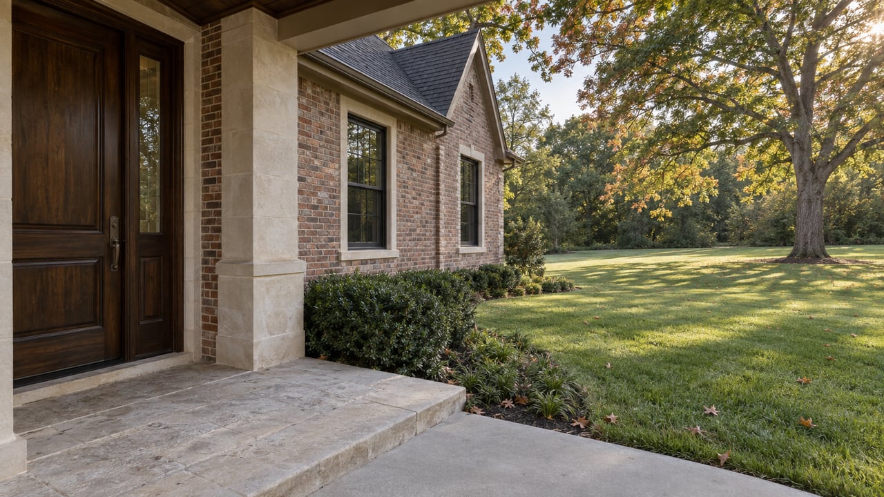 Brick house entry with a dark oak door, limestone porch, and lawn beneath a mature oak tree.