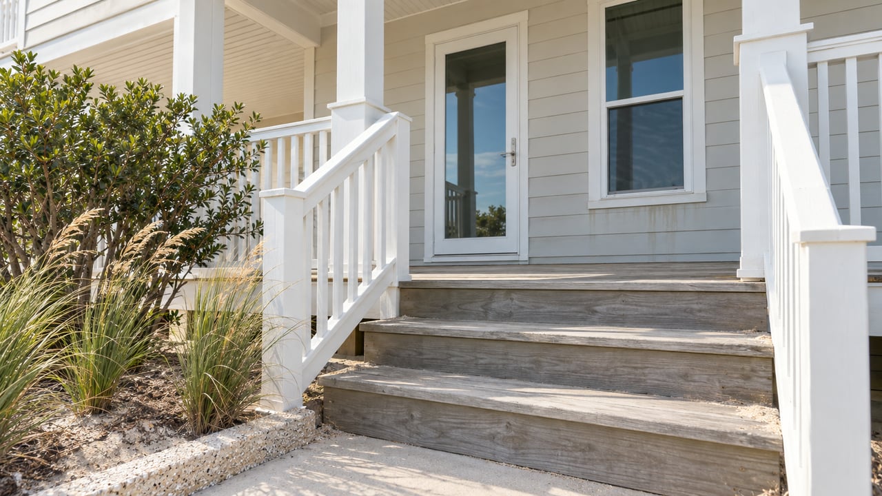 Elevated coastal house entry with white-railed timber steps, pale siding, a glazed door, and grasses in a narrow bed.