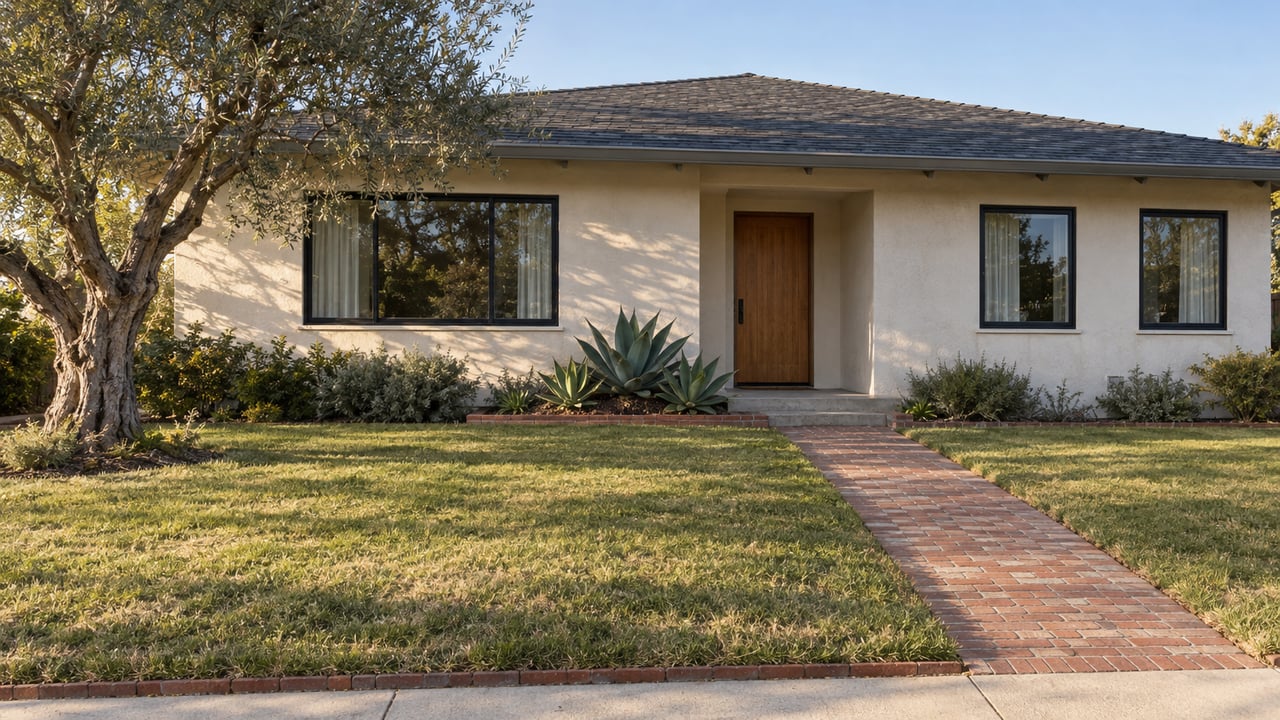 Single-story ivory stucco home with a deep lawn, brick approach, mature olive tree and closed black-framed windows in warm afternoon light.