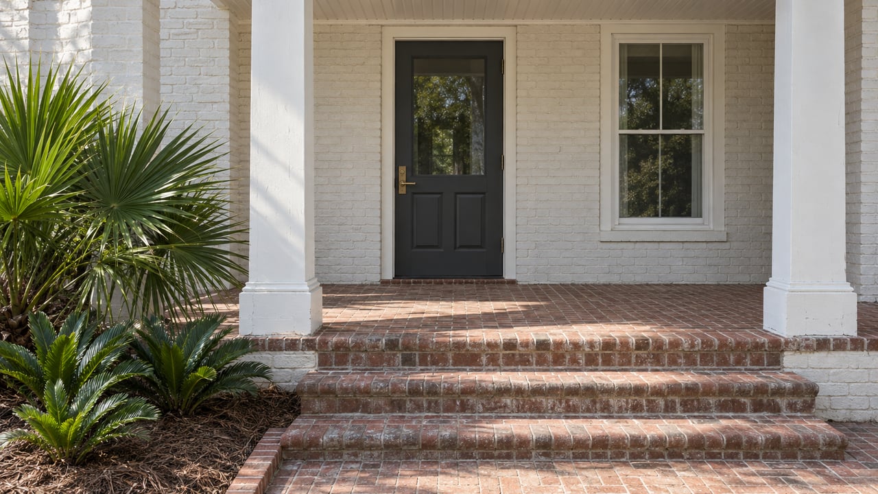 White painted-brick home with a covered porch, charcoal front door, worn brick steps and sculptural native planting.