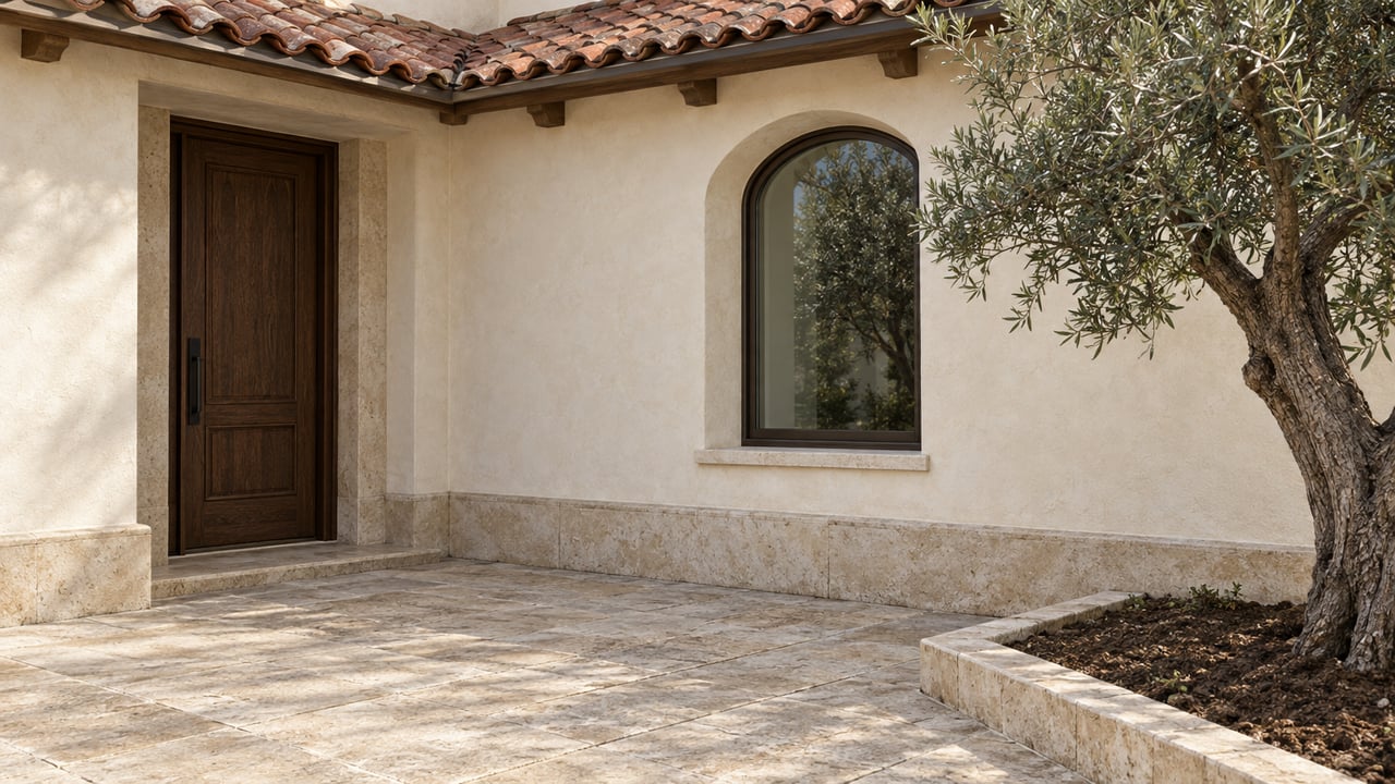 Cream stucco house entrance with a dark oak door, arched window, terracotta roof, and mature olive tree.