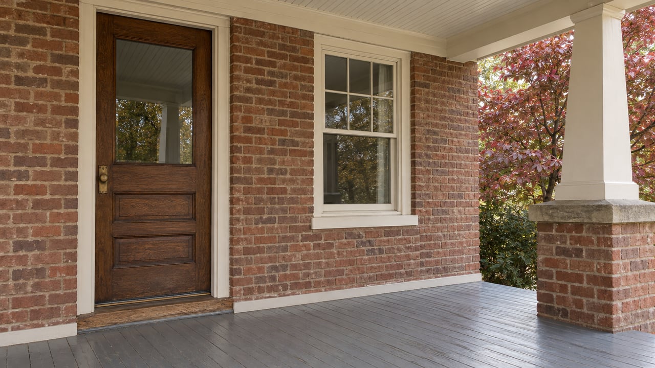 A brick bungalow porch with a glazed oak front door, cream wood trim and a tapered support beside autumn dogwood branches.