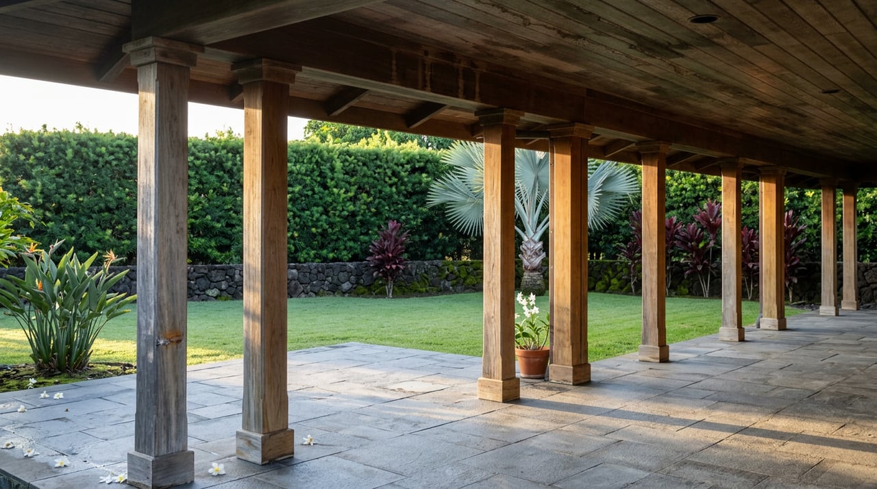 Timber posts frame a basalt terrace with a potted orchid, lawn, and silver-blue palm beyond.