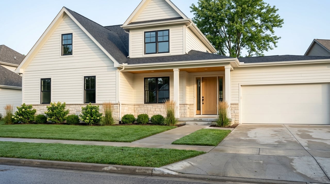 Upscale home with light siding, limestone accents, black-framed windows, and a damp concrete approach.