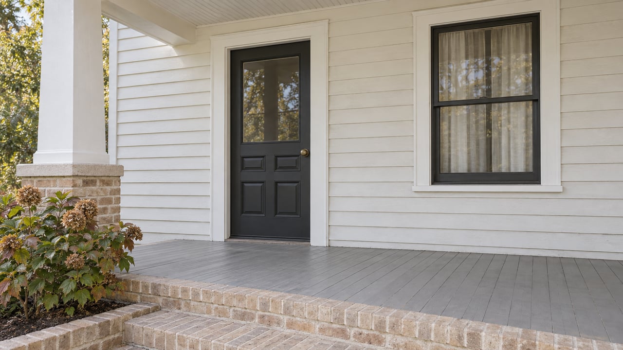 A renovated bungalow porch with white clapboards, a charcoal door, buff brick steps and an oakleaf hydrangea.