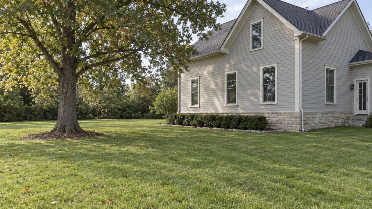 Two-story house beside a broad lawn, with three tall side windows and a mature oak.