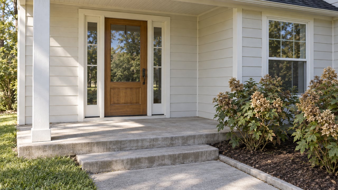 Covered porch with white lap siding, a wood-and-glass front door, paired sidelights, concrete steps, and oakleaf hydrangeas.