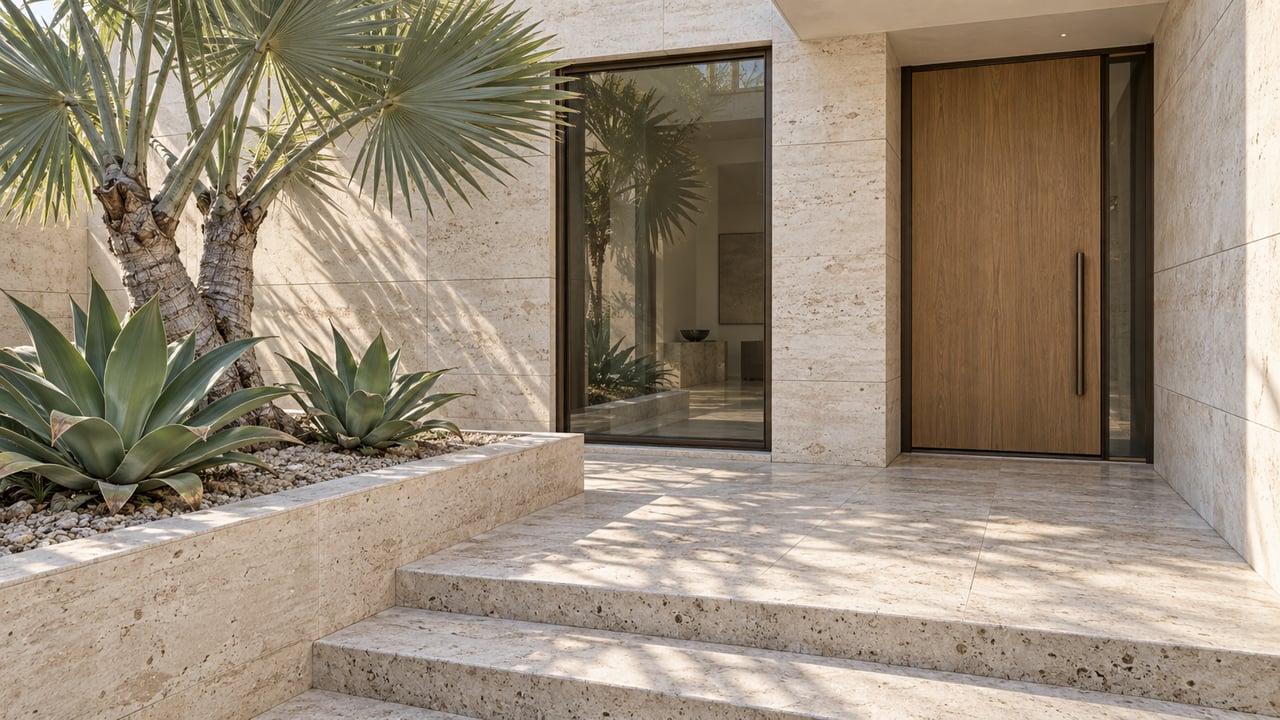 Elevated view of a limestone entry court with an oak pivot door, bronze-framed window, fan aloe and two agaves.