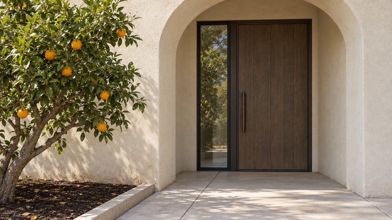 An ivory stucco arched entrance with an oak door, black-framed sidelight and an orange tree beside a pale concrete approach.
