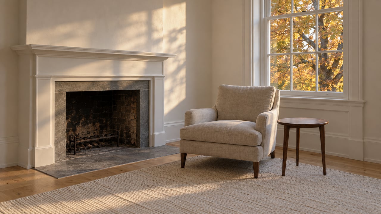 Sunlit sitting room with white fireplace millwork, a limestone hearth, linen lounge chair and autumn leaves beyond a closed divided-light window.