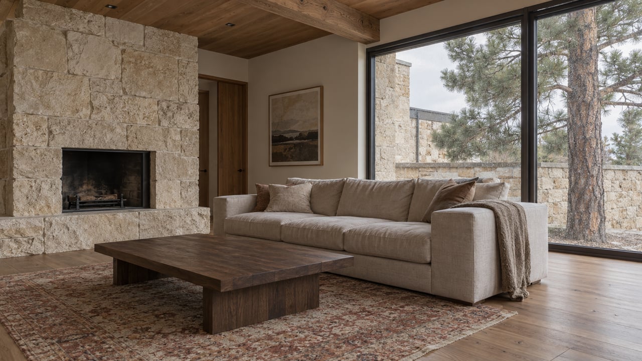 Living room with a limestone fireplace, linen sofa, and bronze-framed windows overlooking a pine tree.