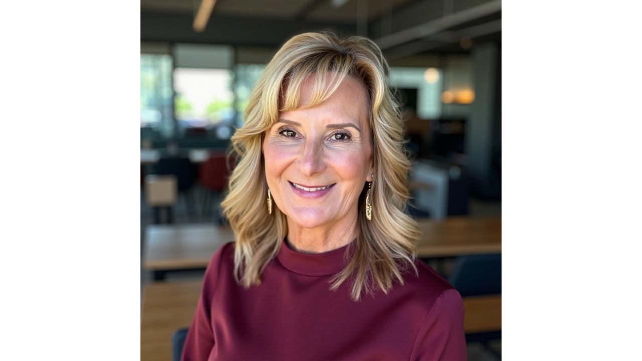 Patty Recupero smiles in a burgundy top, with a softly blurred indoor setting behind her.