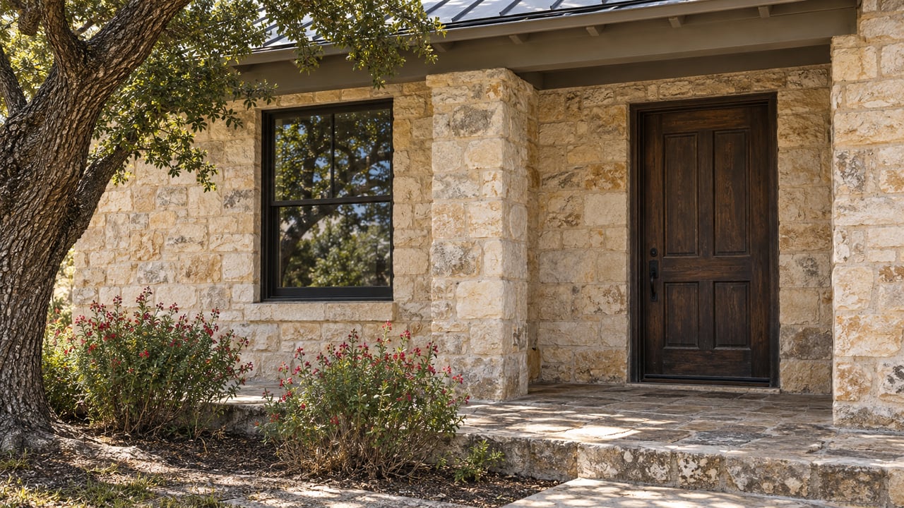 Limestone cottage facade with a dark timber door, black-framed window, oak tree, and flowering sage in a narrow bed.