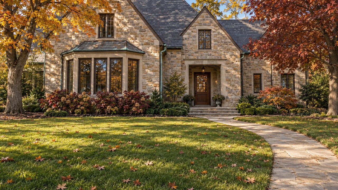 Stone-gabled home beyond a deep autumn lawn, with amber maple foliage, divided-light windows and a curved limestone approach.