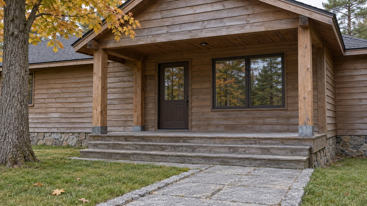 Weathered cedar home with a covered timber entry, granite approach and ochre maple leaves under soft autumn daylight.