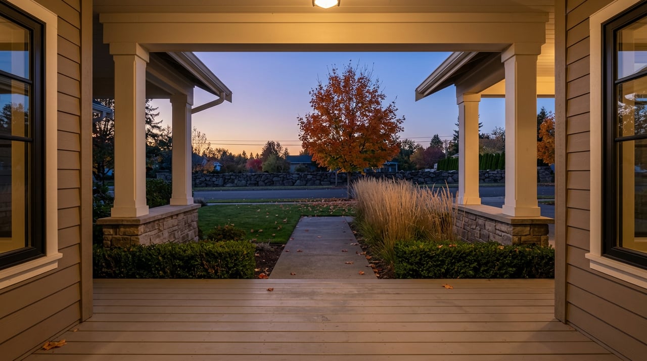 Front porch at dusk overlooking a lawn, stone wall, and orange-red maple.