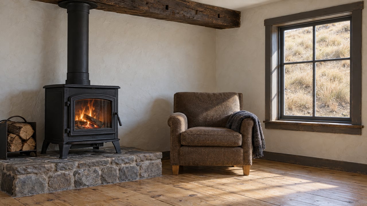 A modest living room with a black woodstove on a stone hearth, worn pine floors, a wool armchair and a window overlooking tawny bunchgrass.