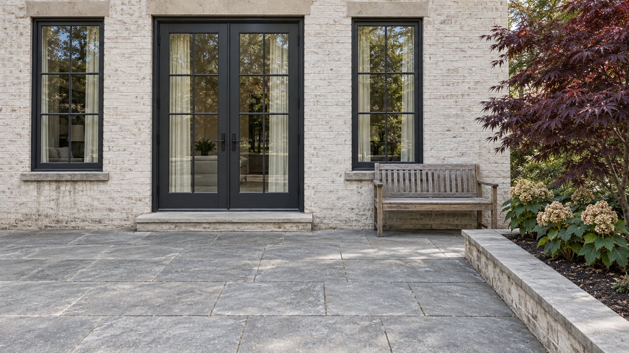 Limewashed brick home with tall windows and glazed double doors opening onto a gray stone terrace beside a teak bench and burgundy Japanese maple.