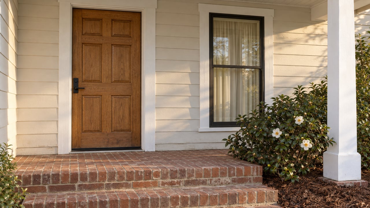 Covered home entry with a natural oak door, white siding, a tall black-framed window and brick steps beside a flowering camellia.