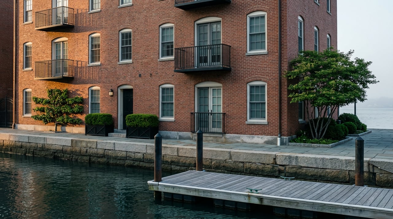 Brick waterfront building with arched windows and iron balconies, a wooden pier extending over the water