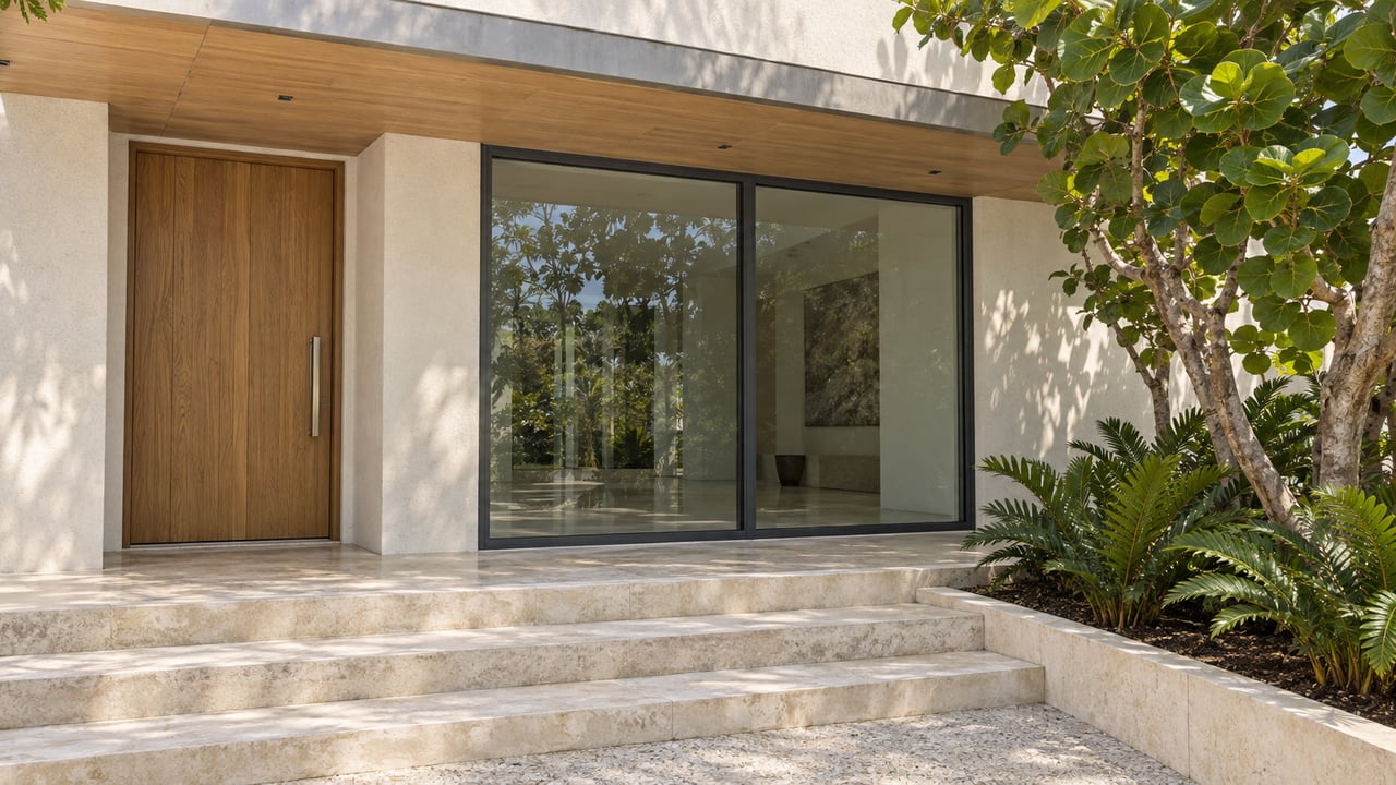 Raised coastal home entrance with pale stucco, limestone steps, a recessed oak door and sea grape planting.