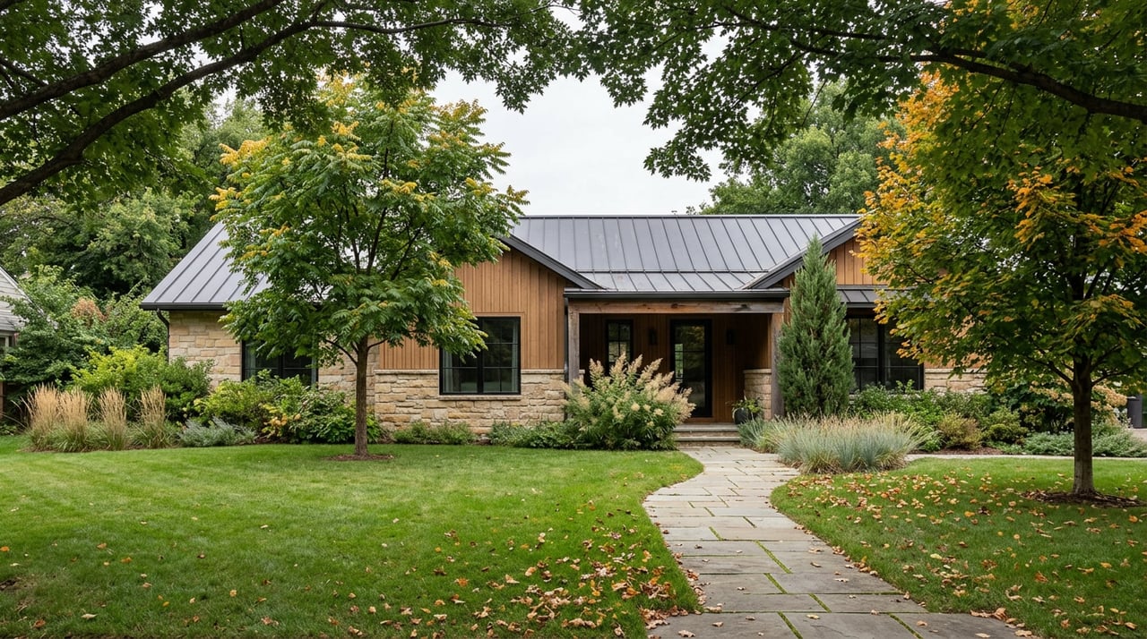Sandstone-and-wood house beyond a broad lawn, framed by a golden-tipped coffeetree and amber-edged maple.