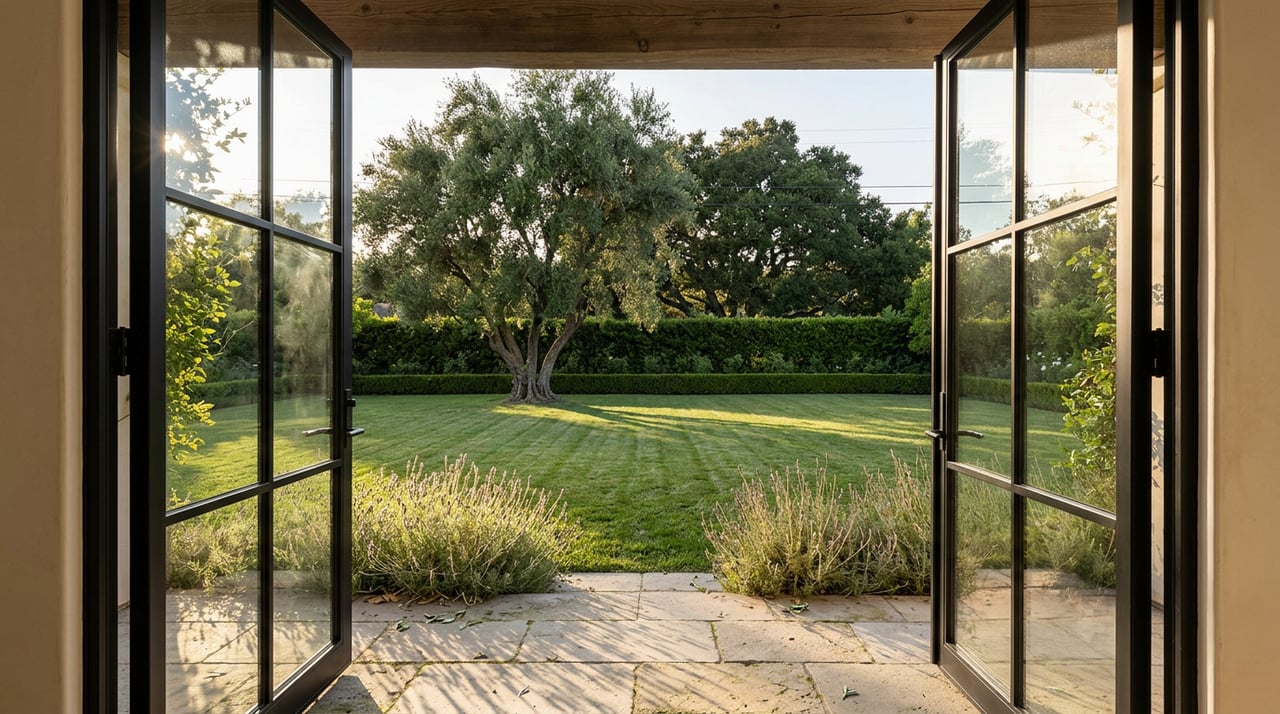 Open black steel French doors frame a garden with a striped lawn, olive tree, lavender, and clipped hedge.