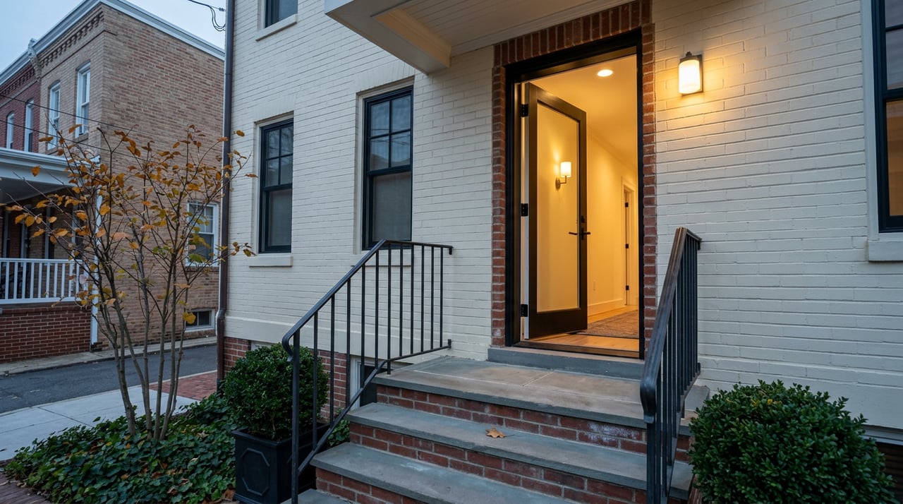 Brick rowhome entrance with open glass door, warm hallway, bluestone steps and iron railing.