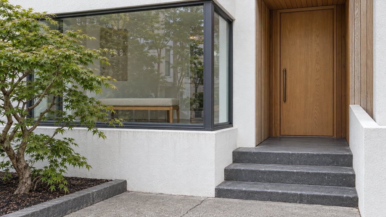 White stucco home with a projecting window, recessed cedar-lined oak entry, basalt steps, and a small Japanese maple.