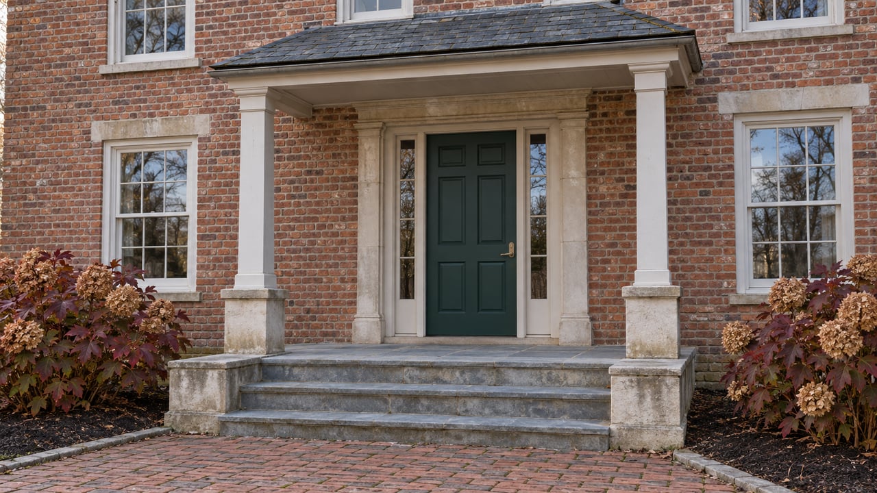 Autumn light across a brick home's limestone entrance, green door, bluestone steps and burgundy oakleaf hydrangeas.