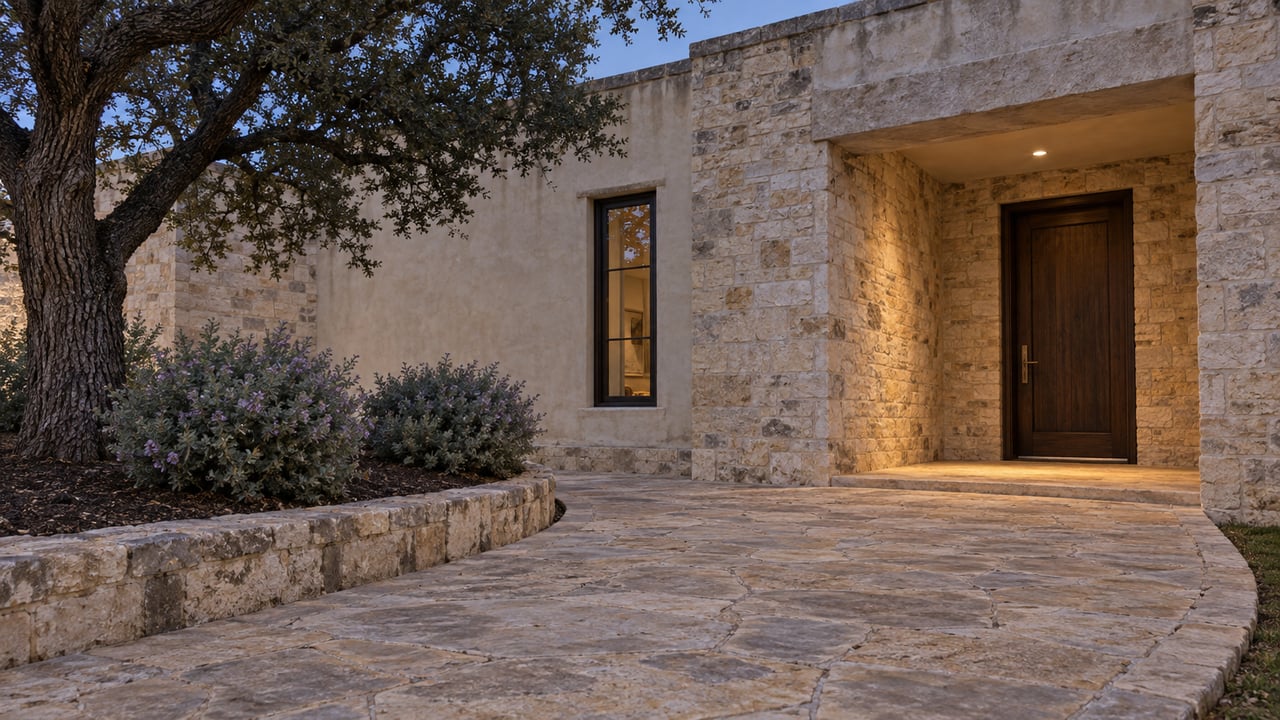 Estate entrance with a recessed oak door, limestone porch, curving flagstone approach, and oak tree in a raised bed.