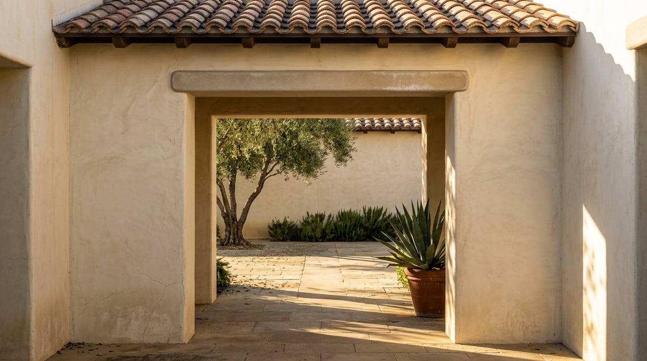 Stucco archway framing a sunlit courtyard with an olive tree, sandstone paving, and terracotta roof tiles.