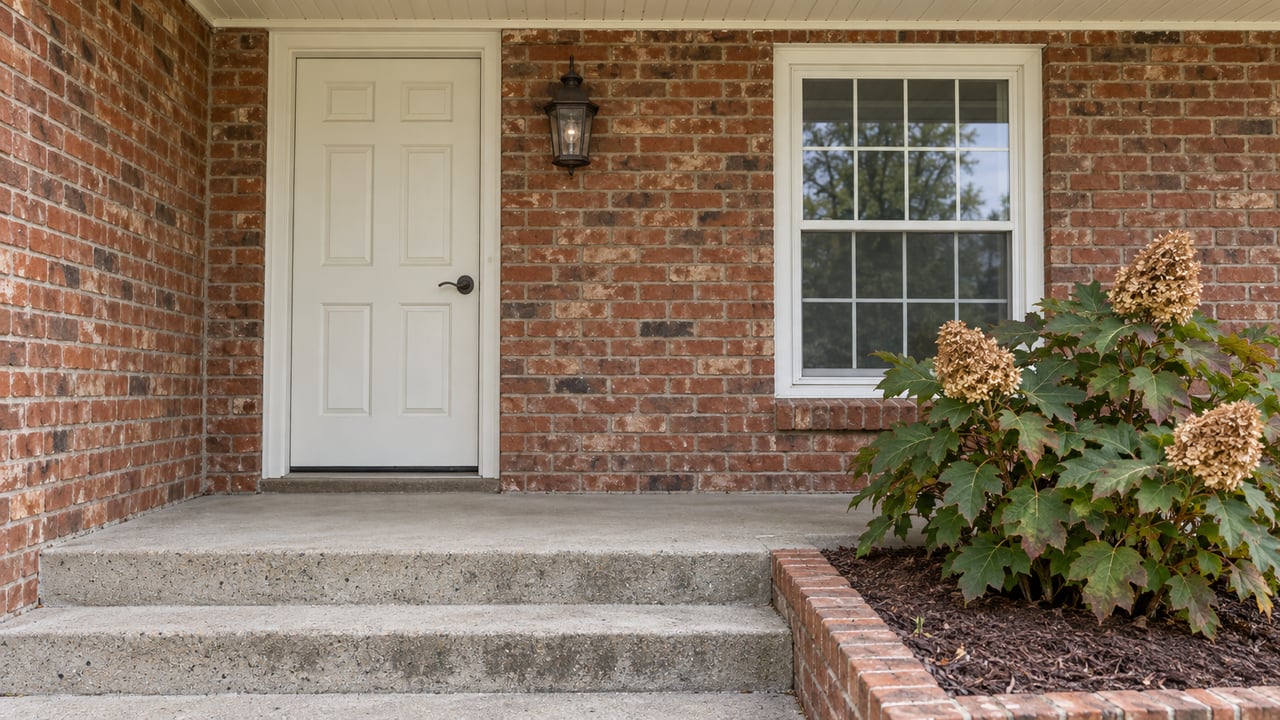 Close view of a brick home's ivory front door, white-framed window and concrete porch steps beside an oakleaf hydrangea.
