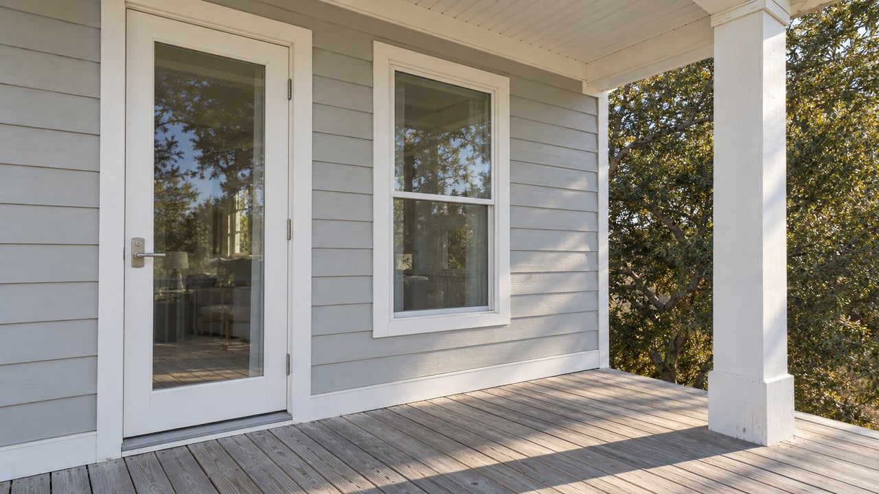 An elevated porch with silvered timber decking, pale gray siding, a glazed white entry door and a sash window beside a mature live oak crown.