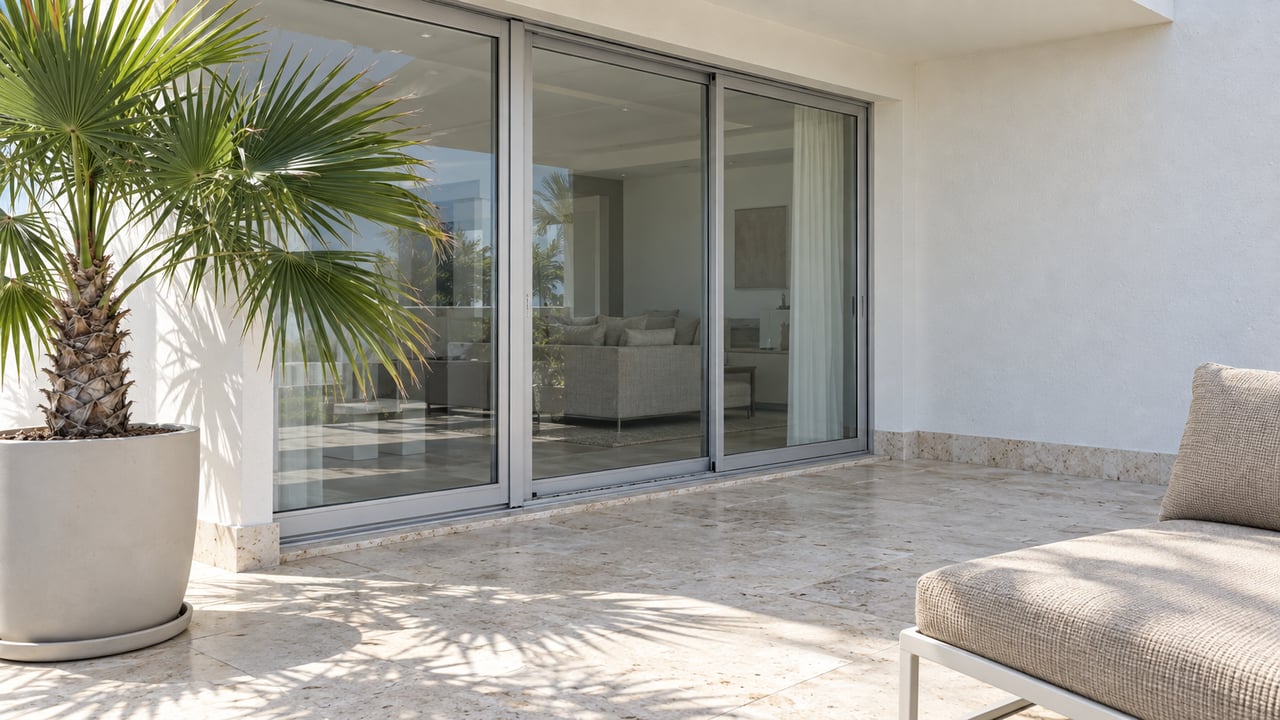 Sunlit condominium terrace with pale limestone paving, closed aluminum-framed glass doors, a woven outdoor lounge and a potted thatch palm.