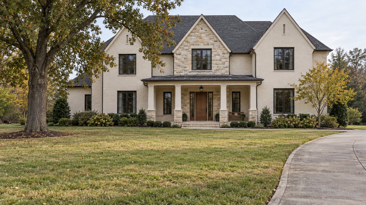 Two-story pale brick and stone home with a covered porch, framed by autumn trees and a curved driveway.