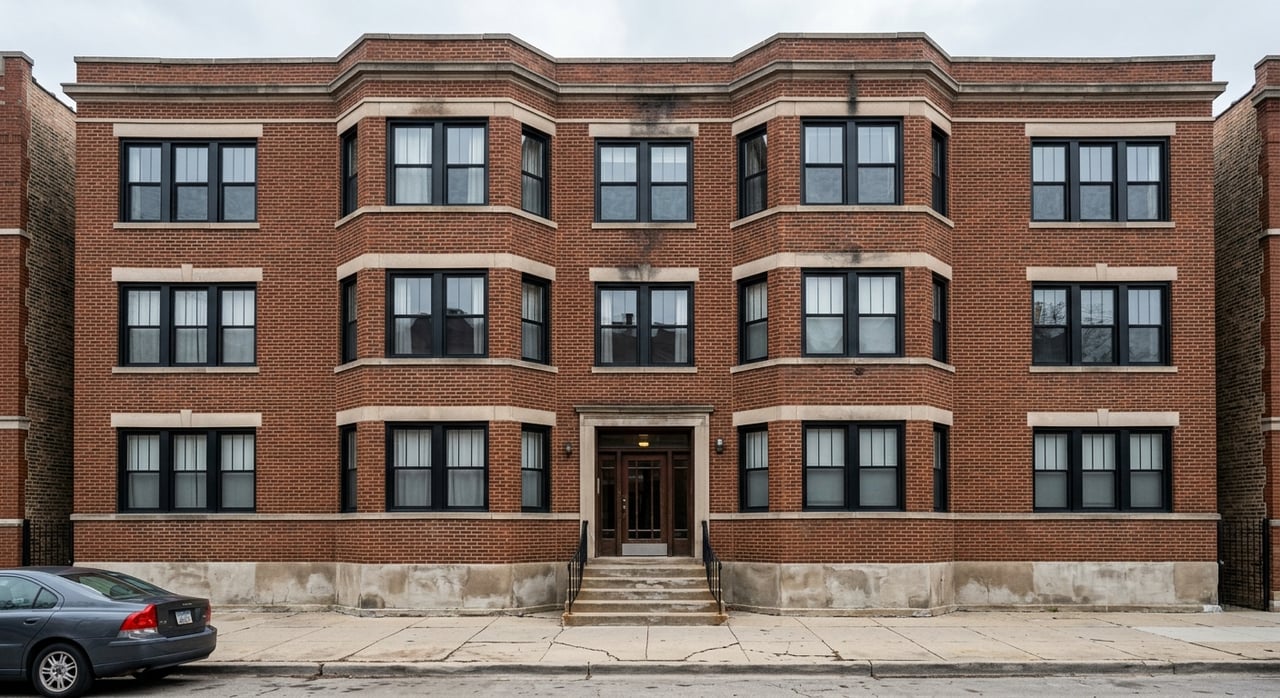Red-brown brick three-flat with stacked bay windows, a dark glass entry, and shrubs along the sidewalk.