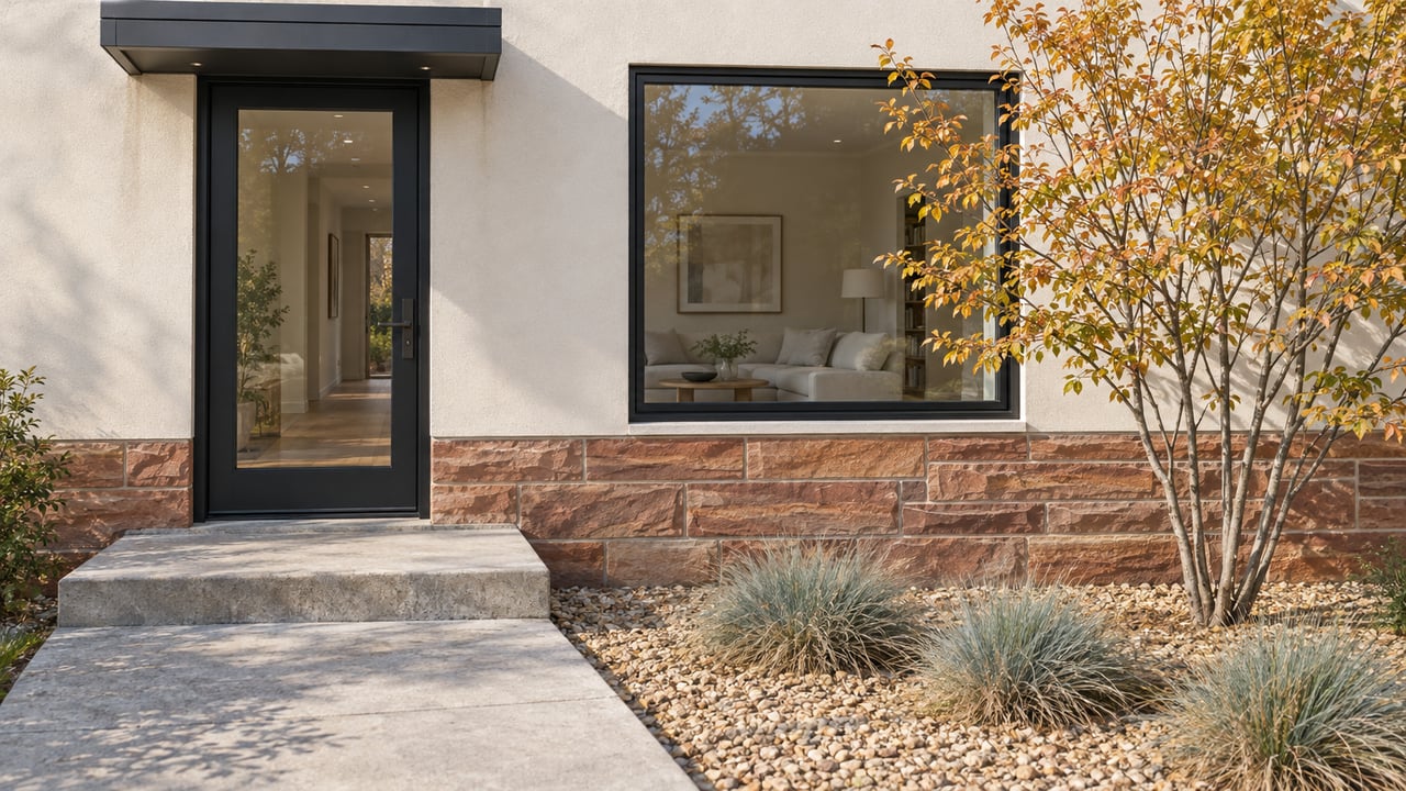 Cream-rendered home entrance with black-framed glass, rust-red sandstone, a concrete approach and autumn serviceberry planting.